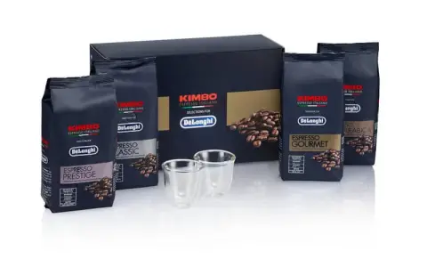 Imagine detaliată a produsului Cafea boabe Kimbo set degustare 4 x 250 Gr+2 pahare 5513282711. Compatibil cu mai multe modele Delonghi.
