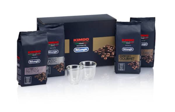 Imagine detaliată a produsului Cafea boabe Kimbo set degustare 4 x 250 Gr+2 pahare 5513282711. Compatibil cu mai multe modele Delonghi.