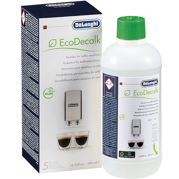 Imagine detaliată a produsului Solutie decalcifiere De'Longhi EcoDecalk 500ml AS00006182.Compatibil cu mai multe modele Delonghi.